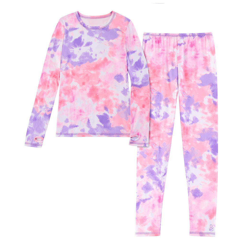  A girl Pink Tie Dye Girls Comfortech Stretch Poly 2 pc. Long Sleeve Crew & Pant Set !92% Recycled Polyester, 8% Spandex!