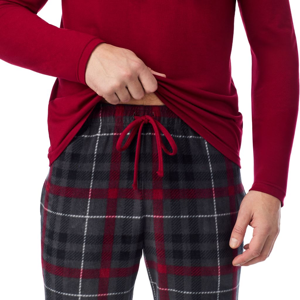 Rhubarb/ Black Windowpane;Model is wearing a size M. He is 6’2”, Waist is 32”, Inseam 34”@ A man wearing Cabin Fleece Long Sleeve Crew and Pajama Pant 2-Pc Set