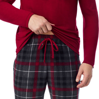 Rhubarb/ Black Windowpane;Model is wearing a size M. He is 6’2”, Waist is 32”, Inseam 34”@ A man wearing Cabin Fleece Long Sleeve Crew and Pajama Pant 2-Pc Set