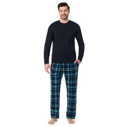 Black/ Green Plaid;Model is wearing a size M. He is 6’2”, Waist is 32”, Inseam 34”@ A man wearing Cabin Fleece Long Sleeve Crew and Pajama Pant 2-Pc Set
