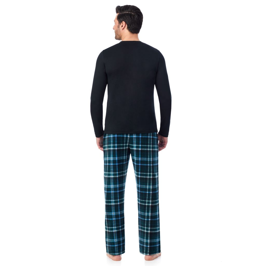 Black/ Green Plaid;Model is wearing a size M. He is 6’2”, Waist is 32”, Inseam 34”@ A man wearing Cabin Fleece Long Sleeve Crew and Pajama Pant 2-Pc Set