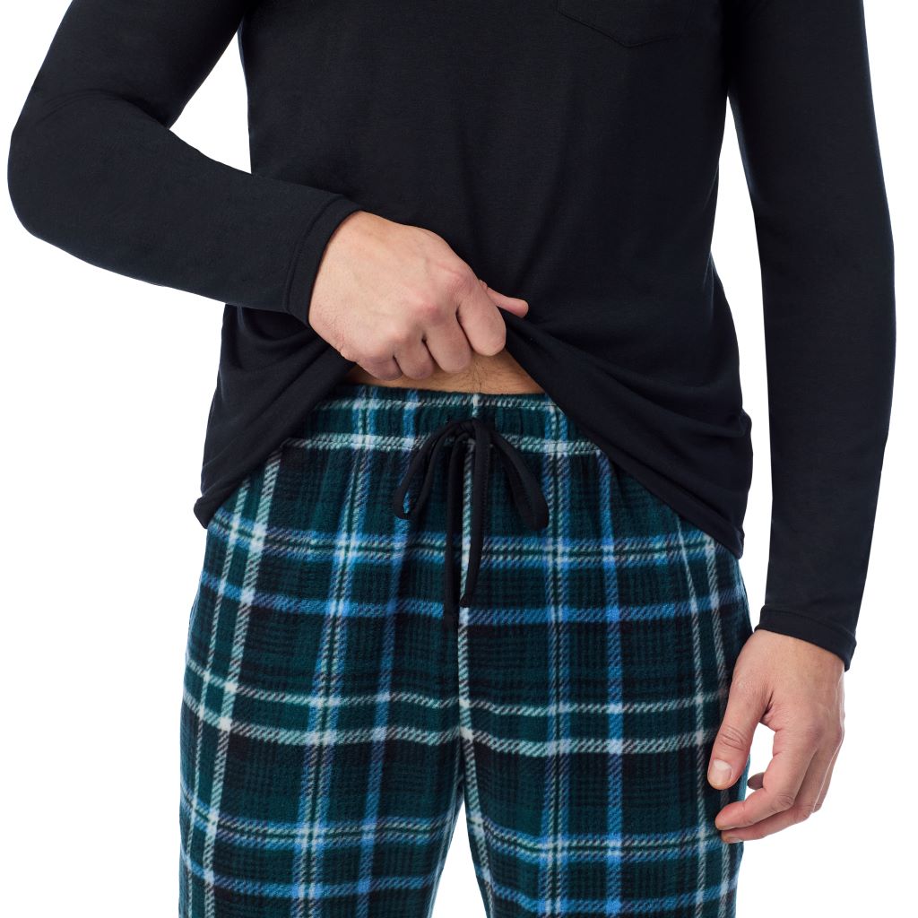 Black/ Green Plaid;Model is wearing a size M. He is 6’2”, Waist is 32”, Inseam 34”@ A man wearing Cabin Fleece Long Sleeve Crew and Pajama Pant 2-Pc Set