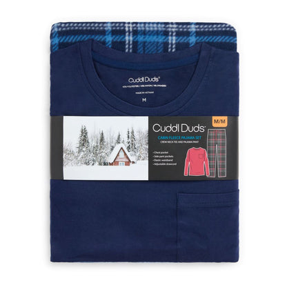 Oxford Navy/ Navy Plaid;Model is wearing a size M. He is 6’2”, Waist is 32”, Inseam 34”@ A Cabin Fleece Long Sleeve Crew and Pajama Pant 2-Pc Set
