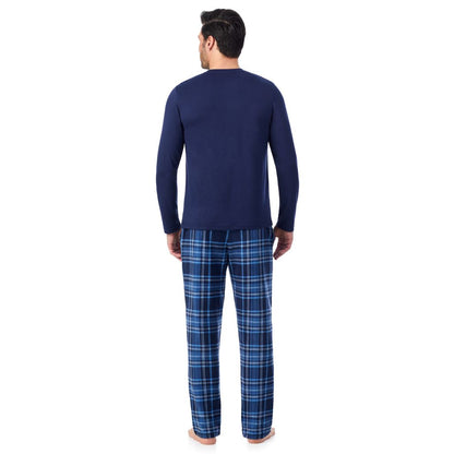 Oxford Navy/ Navy Plaid;Model is wearing a size M. He is 6’2”, Waist is 32”, Inseam 34”@ A man wearing Cabin Fleece Long Sleeve Crew and Pajama Pant 2-Pc Set