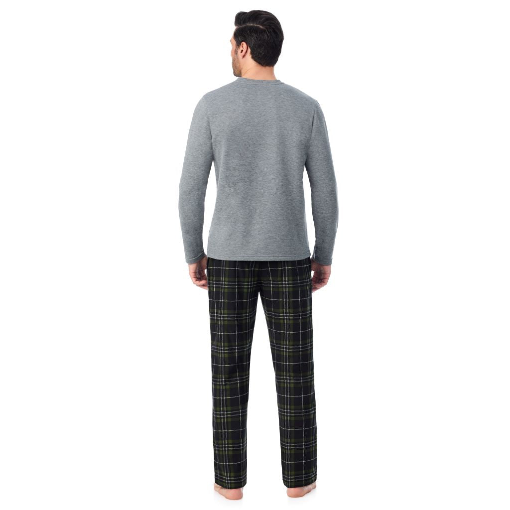 Smoked Pearl/ Black Plaid; Model is wearing a size M. He is 6’2”, Waist is 32”, Inseam 34”@A man wearing 
Cozy Lodge Long Sleeve Crew and Pajama Pant 2-Pc Set