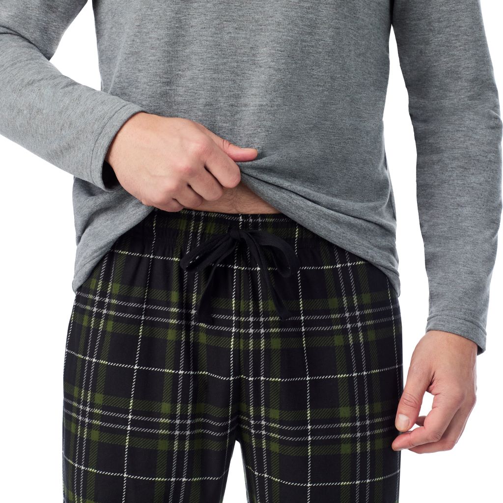 Smoked Pearl/ Black Plaid; Model is wearing a size M. He is 6’2”, Waist is 32”, Inseam 34”@A man wearing 
Cozy Lodge Long Sleeve Crew and Pajama Pant 2-Pc Set