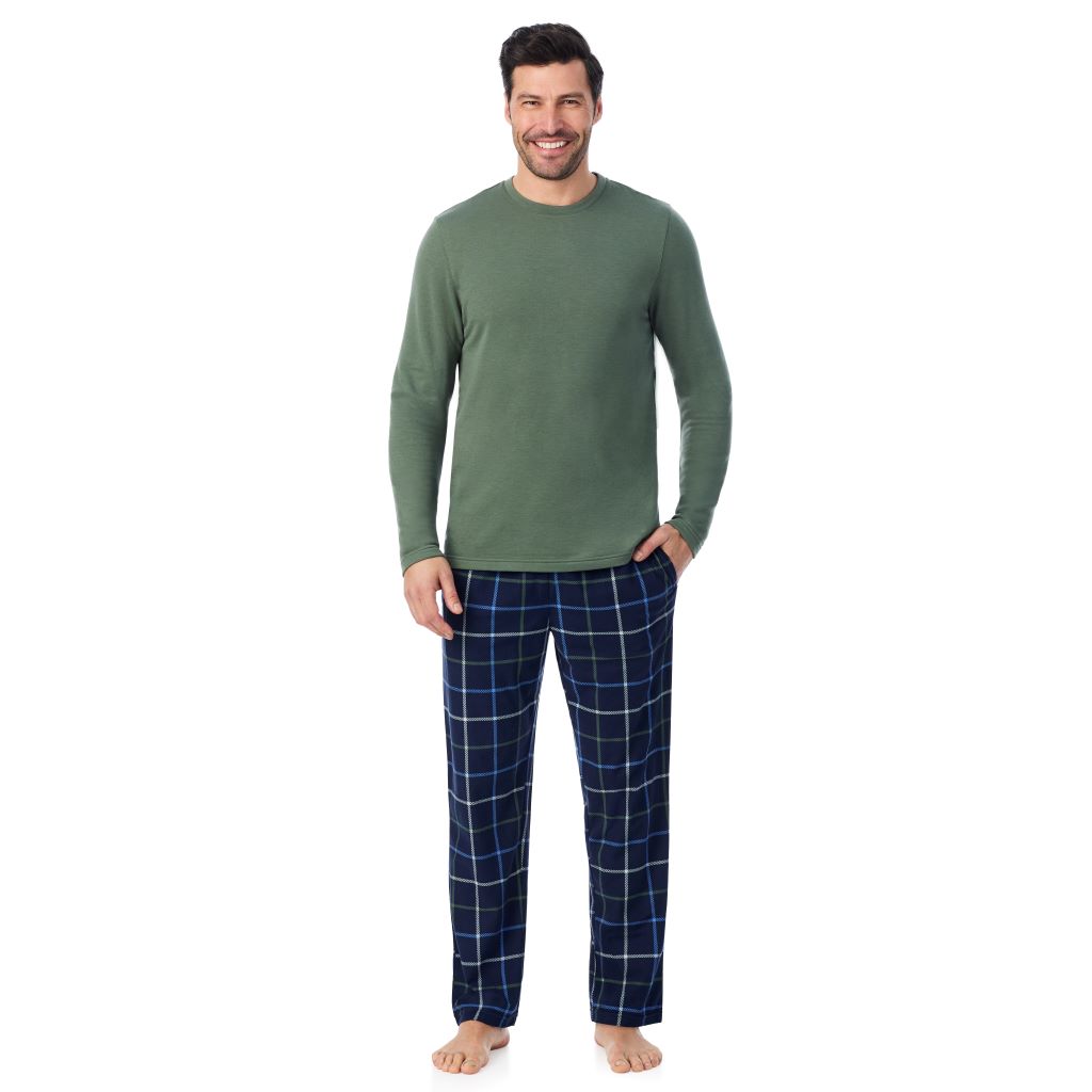 A man wearing 
Cozy Lodge Long Sleeve Crew and Pajama Pant 2-Pc Set