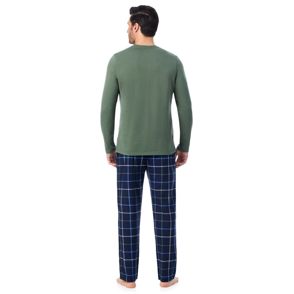 Olive Leaf/ Navy Windowpane; Model is wearing a size M. He is 6’2”, Waist is 32”, Inseam 34”@A man wearing 
Cozy Lodge Long Sleeve Crew and Pajama Pant 2-Pc Set