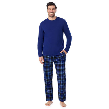 Royal Blue/ Royal Tartan; Model is wearing a size M. He is 6’2”, Waist is 32”, Inseam 34”@A man wearing 
Cozy Lodge Long Sleeve Crew and Pajama Pant 2-Pc Set