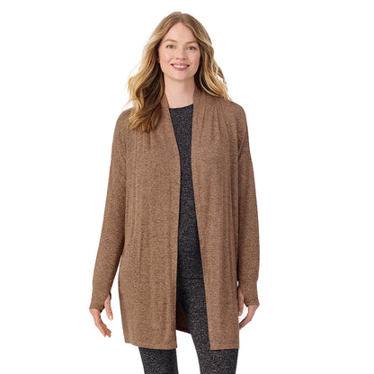 Marled Walnut Taupe; Model is wearing size S. She is 5'11", Bust 33", Waist 24", Hips 34".@A lady wearing a Marled Walnut Taupe long sleeve wrap.