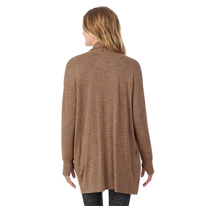 Marled Walnut Taupe; Model is wearing size S. She is 5'11", Bust 33", Waist 24", Hips 34". @A lady wearing a Marled Walnut Taupe long sleeve wrap.
