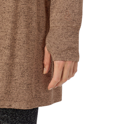 Marled Walnut Taupe; Model is wearing size S. She is 5'11", Bust 33", Waist 24", Hips 34".@A lady wearing a Marled Walnut Taupe long sleeve wrap.