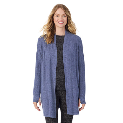Marled Velvet Blue; Model is wearing size S. She is 5'11", Bust 33", Waist 24", Hips 34".@A lady wearing a Marled Velvet Blue long sleeve wrap.