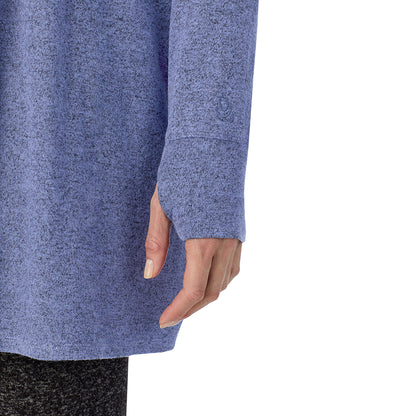 Marled Velvet Blue; Model is wearing size S. She is 5'11", Bust 33", Waist 24", Hips 34".@A lady wearing a Marled Velvet Blue long sleeve wrap.