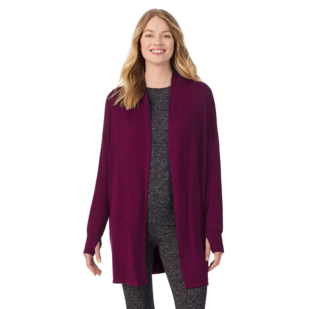 A lady wearing a Marled Dark Purple long sleeve wrap.