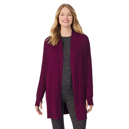 Marled Dark Purple; Model is wearing size S. She is 5'11", Bust 33", Waist 24", Hips 34". @A lady wearing a Marled Dark Purple long sleeve wrap.