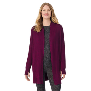 A lady wearing a Marled Dark Purple long sleeve wrap.