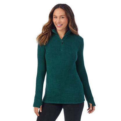 Dark Pine; Model is wearing size S. She is 5'8", Bust 34", Waist 24.5", Hips 35". @ A Lady is wearing Dark Pine Fleecewear With Stretch Long Sleeve Half Zip Hoodie !94% Recycled Polyester, 6% Spandex!
