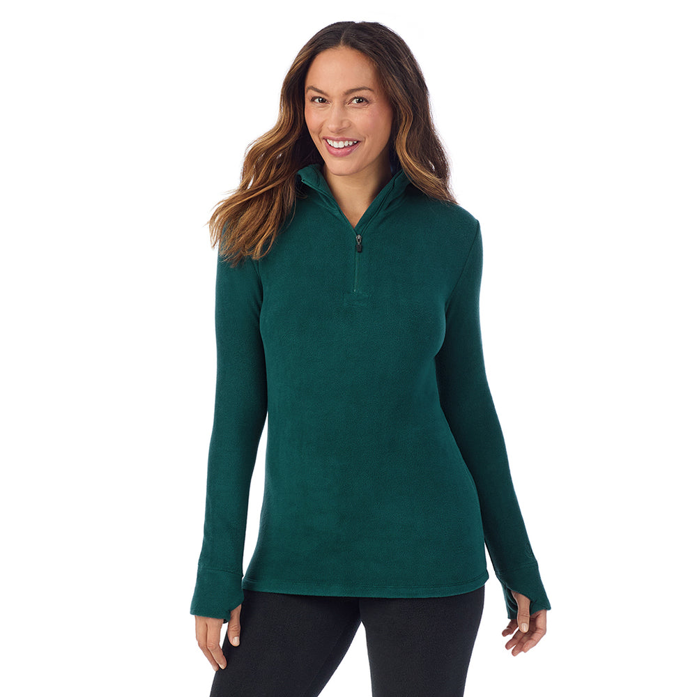 A Lady is wearing Dark Pine Fleecewear With Stretch Long Sleeve Half Zip Hoodie !94% Recycled Polyester, 6% Spandex!