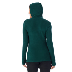  A Lady is wearing Dark Pine Fleecewear With Stretch Long Sleeve Half Zip Hoodie !94% Recycled Polyester, 6% Spandex!