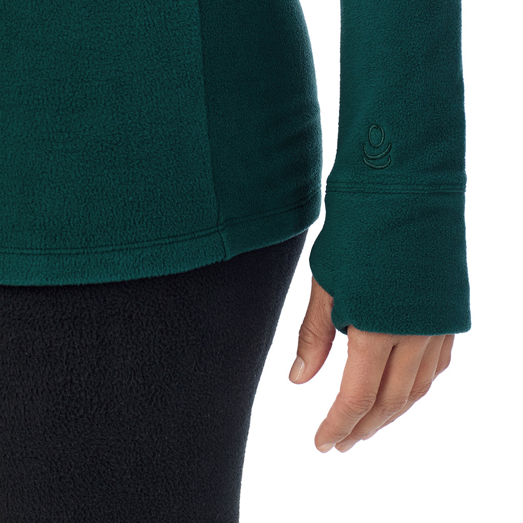 A Lady is wearing Dark Pine Fleecewear With Stretch Long Sleeve Half Zip Hoodie 