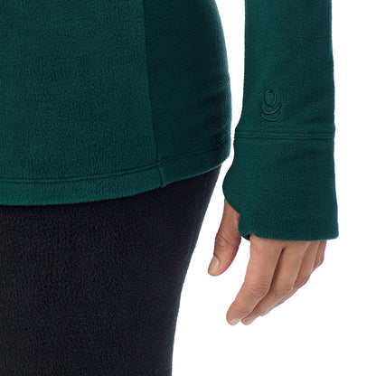 Dark Pine; Model is wearing size S. She is 5'8", Bust 34", Waist 24.5", Hips 35". @ A Lady is wearing Dark Pine Fleecewear With Stretch Long Sleeve Half Zip Hoodie !94% Recycled Polyester, 6% Spandex!