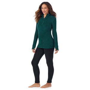  A Lady is wearing Dark Pine Fleecewear With Stretch Long Sleeve Half Zip Hoodie !94% Recycled Polyester, 6% Spandex!
