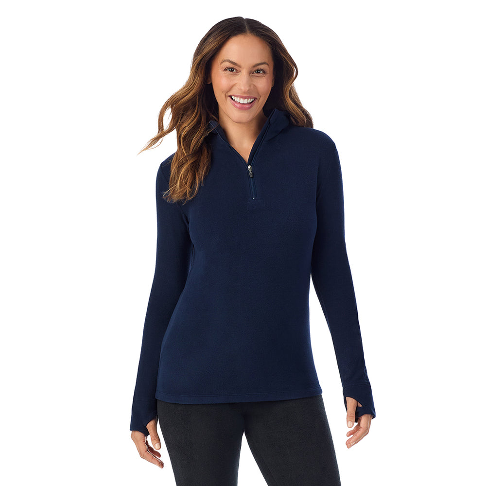 A Lady is wearing Navy Blazer Fleecewear With Stretch Long Sleeve Half Zip Hoodie !94% Recycled Polyester, 6% Spandex!