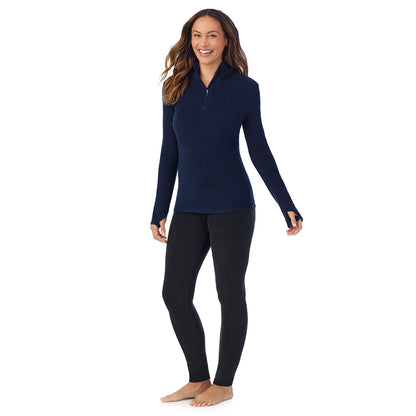 Navy Blazer; Model is wearing size S. She is 5'8", Bust 34", Waist 24.5", Hips 35". @ A Lady is wearing Navy Blazer Fleecewear With Stretch Long Sleeve Half Zip Hoodie !94% Recycled Polyester, 6% Spandex!