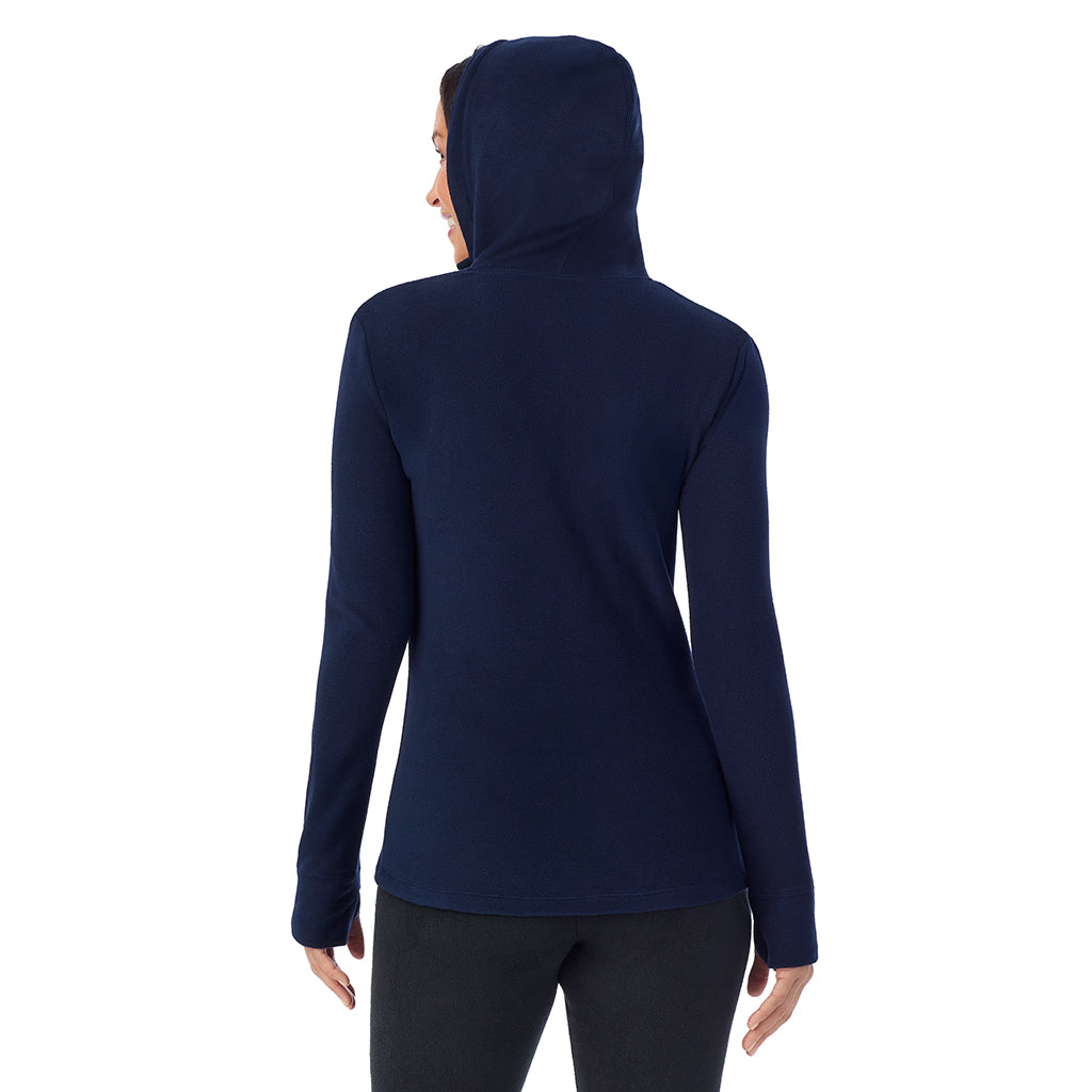 Navy Blazer; Model is wearing size S. She is 5'8", Bust 34", Waist 24.5", Hips 35". @ A Lady is wearing Navy Blazer Fleecewear With Stretch Long Sleeve Half Zip Hoodie !94% Recycled Polyester, 6% Spandex!
