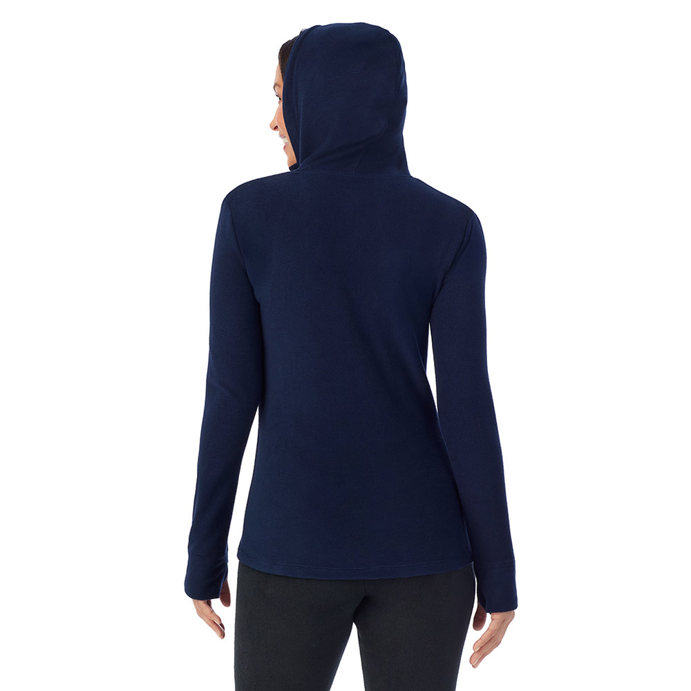 A Lady is wearing Navy Blazer Fleecewear With Stretch Long Sleeve Half Zip Hoodie !94% Recycled Polyester, 6% Spandex!