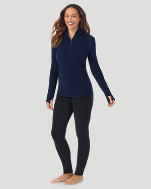  A Lady is wearing Navy Blazer Fleecewear With Stretch Long Sleeve Half Zip Hoodie !94% Recycled Polyester, 6% Spandex!