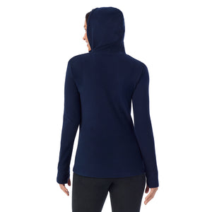  A Lady is wearing Navy Blazer Fleecewear With Stretch Long Sleeve Half Zip Hoodie !94% Recycled Polyester, 6% Spandex!