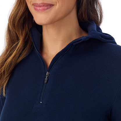 Navy Blazer; Model is wearing size S. She is 5'8", Bust 34", Waist 24.5", Hips 35". @ A Lady is wearing Navy Blazer Fleecewear With Stretch Long Sleeve Half Zip Hoodie !94% Recycled Polyester, 6% Spandex!