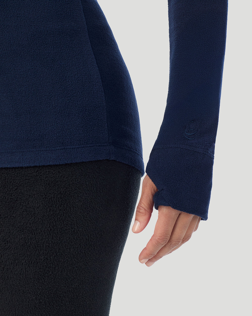 A Lady is wearing Navy Blazer Fleecewear With Stretch Long Sleeve Half Zip Hoodie !94% Recycled Polyester, 6% Spandex!