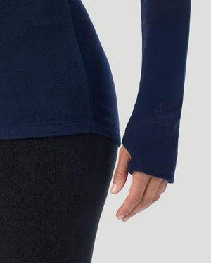  A Lady is wearing Navy Blazer Fleecewear With Stretch Long Sleeve Half Zip Hoodie !94% Recycled Polyester, 6% Spandex!