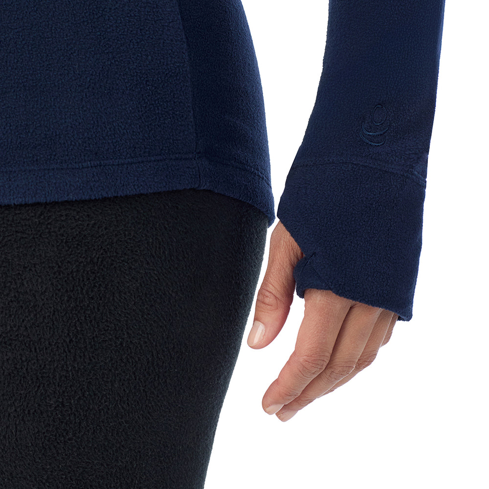 A Lady is wearing Navy Blazer Fleecewear With Stretch Long Sleeve Half Zip Hoodie !94% Recycled Polyester, 6% Spandex!