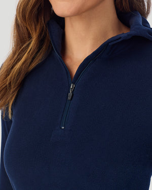  A Lady is wearing Navy Blazer Fleecewear With Stretch Long Sleeve Half Zip Hoodie !94% Recycled Polyester, 6% Spandex!