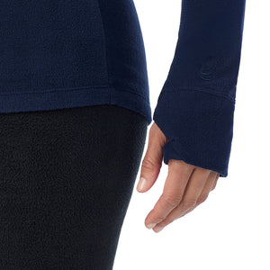  A Lady is wearing Navy Blazer Fleecewear With Stretch Long Sleeve Half Zip Hoodie !94% Recycled Polyester, 6% Spandex!