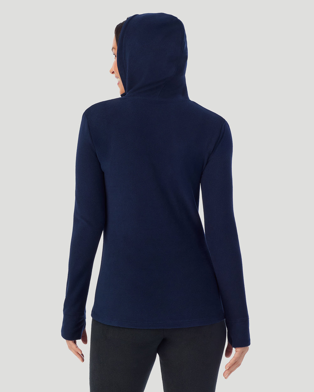 A Lady is wearing Navy Blazer Fleecewear With Stretch Long Sleeve Half Zip Hoodie !94% Recycled Polyester, 6% Spandex!