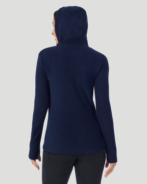  A Lady is wearing Navy Blazer Fleecewear With Stretch Long Sleeve Half Zip Hoodie !94% Recycled Polyester, 6% Spandex!