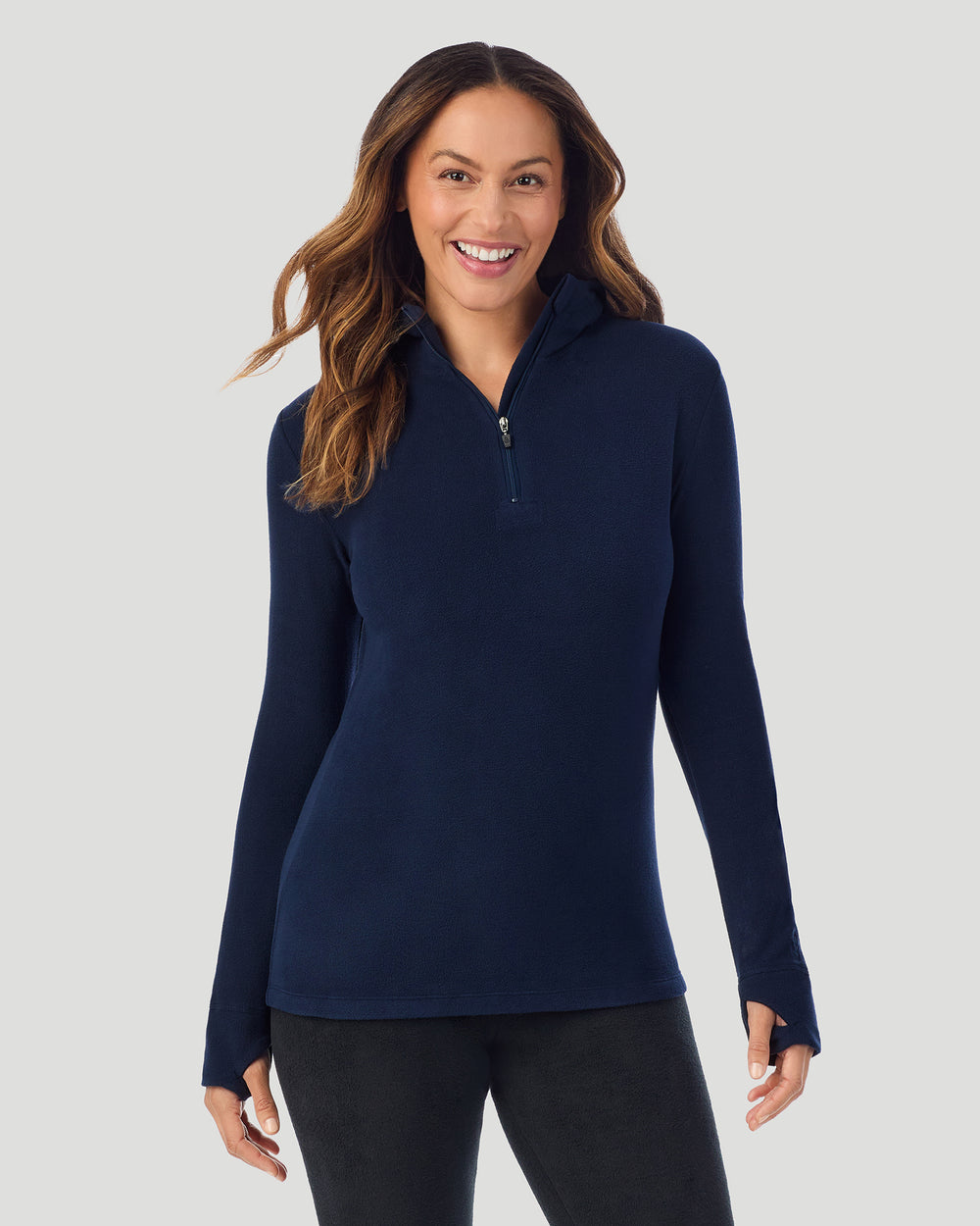 A Lady is wearing Navy Blazer Fleecewear With Stretch Long Sleeve Half Zip Hoodie !94% Recycled Polyester, 6% Spandex!
