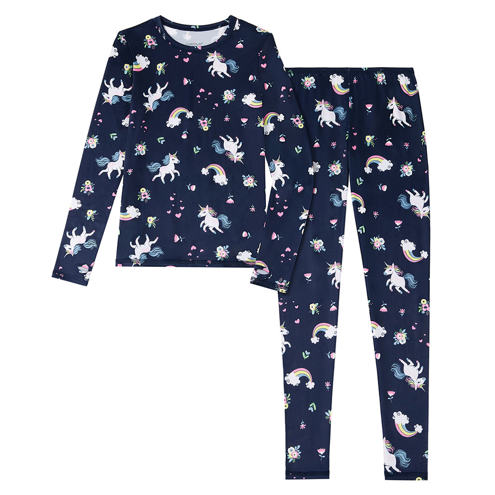 A girl Navy Unicorn Girls Comfortech Stretch Poly 2 pc. Long Sleeve Crew & Pant Set !92% Recycled Polyester, 8% Spandex