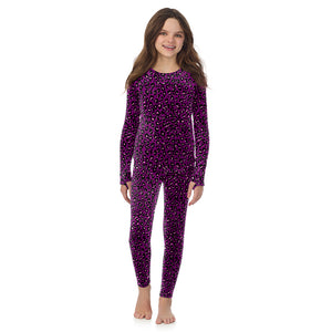 A girl wearing  Purple Mini Leopard Girls Proplush Velour 2pc. Long Sleeve Crew & Pant Set