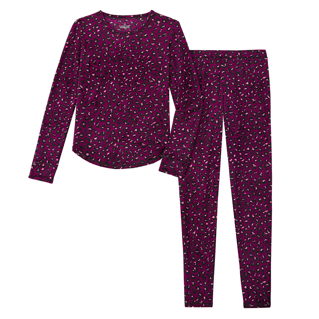 Purple Mini Leopard; @A girl wearing  Purple Mini Leopard Girls Proplush Velour 2pc. Long Sleeve Crew & Pant Set