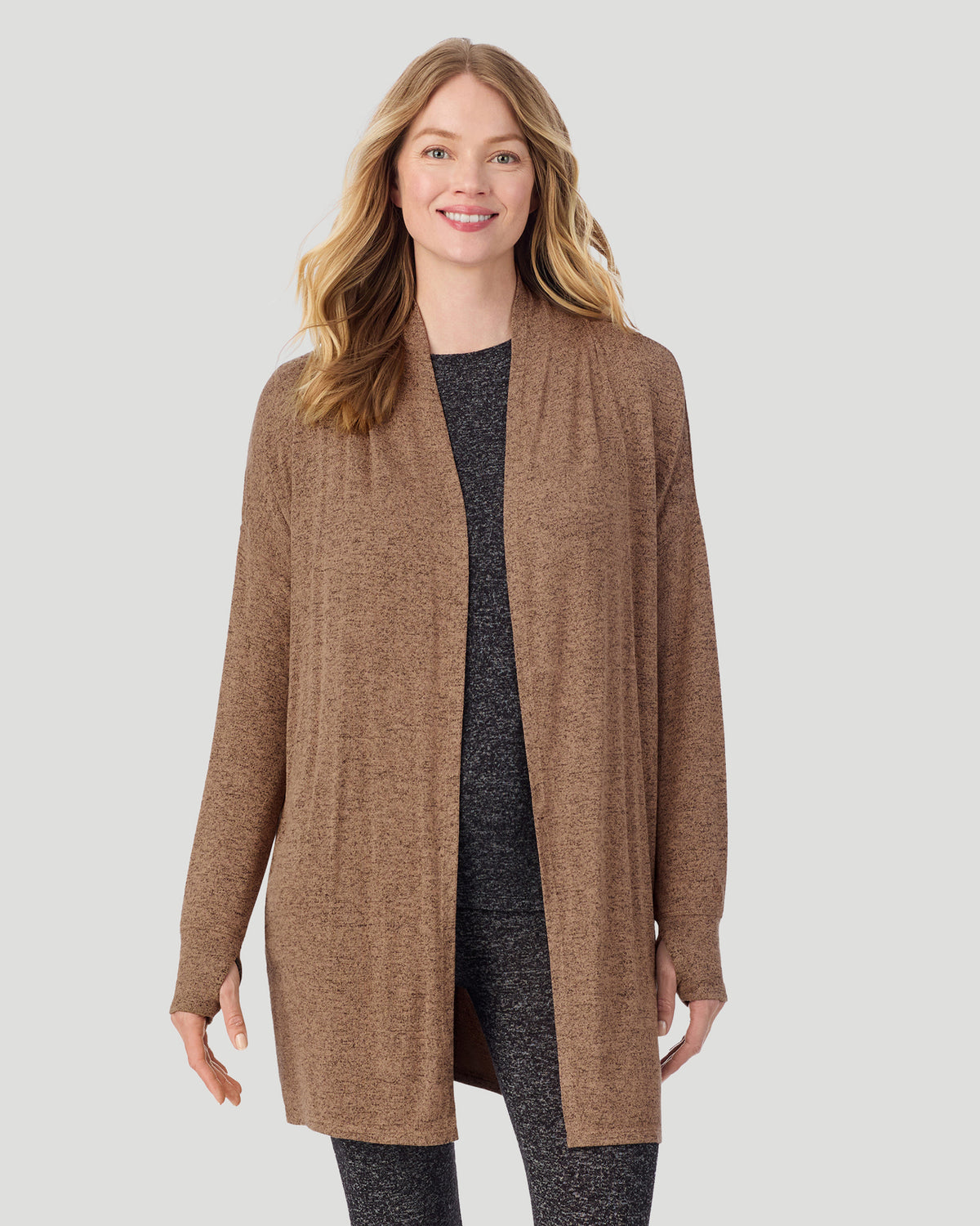 Marled Walnut Taupe; Model is wearing a size S. She is 5’9.5”, Bust 34”, Waist 25”, Hips 36.5”.  @ A lady wearing Marled Walnut Taupe SoftKnit Wrap in a front view closer look