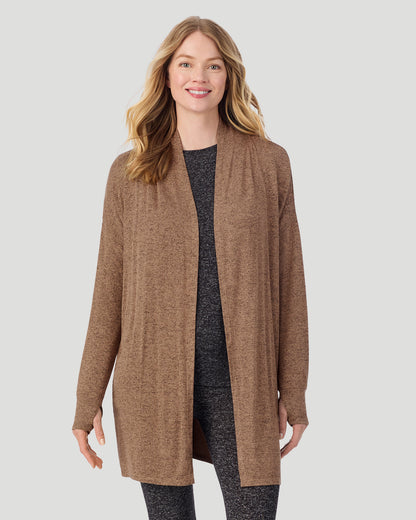  A lady wearing Marled Walnut Taupe SoftKnit Wrap in a front view closer look