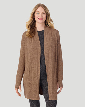  A lady wearing Marled Walnut Taupe SoftKnit Wrap in a front view closer look
