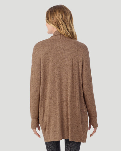  A lady wearing Marled Walnut Taupe SoftKnit Wrap in a back view closer look