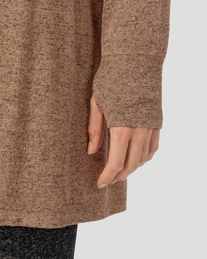  A lady wearing Marled Walnut Taupe SoftKnit Wrap in a front view detail close up look